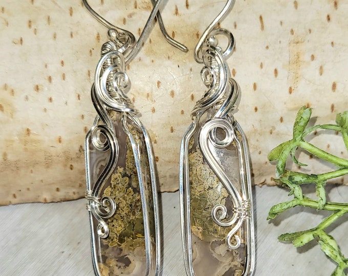 Moss Agate Earrings, Moss Agate Wire Wrapped Earrings, Sterling Silver Wire Wrapped Earrings, Green Moss Agate Wire Wrap Earrings HC31