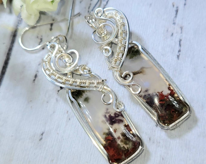 Moss Agate Earrings, Moss Agate Wire Wrapped Earrings, Sterling Silver Wire Wrapped Earrings, Green Moss Agate Wire Wrap Earrings DG