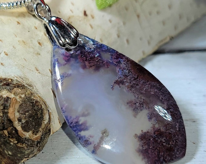 Natural AAA Purple Moss Agate  Cabochon Handmade .925 Sterling Silver Pendant 1 7/8" x 7/8" DA08 Rhodium Solid Sterling Silver Bail