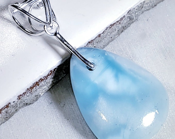 Natural AA Grade Dominican Larimar Cabochon .925 Sterling Silver Pendant 2" x 1" 9 Grams EB20 Sterling Silver Heavy Duty Designer Bail