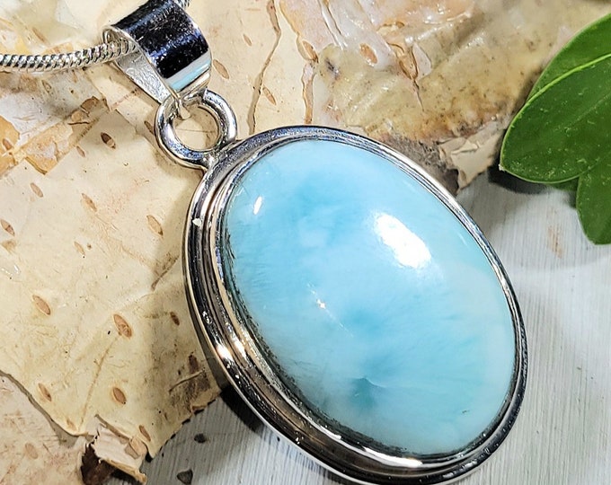 Natural Top Grade Dominican Larimar Handmade .925 Sterling Silver Pendant 1 1/2" x 3/4" 8 grams AB19