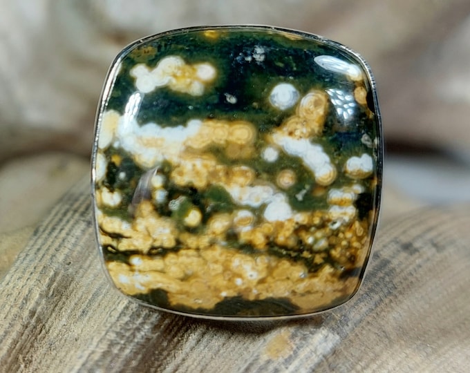Natural Premium Grade Ocean Jasper Ring, Genuine Ocean Jasper Ring set in .925 Sterling Silver, Size 8