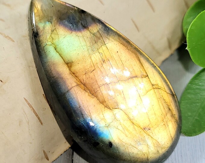 Natural Flashy Burnt Orange Labradorite Pear Cabochon 50ct 10 Grams 39mm x 22mm Wire Wrapping, Weaving or Pendant, Collector CK32