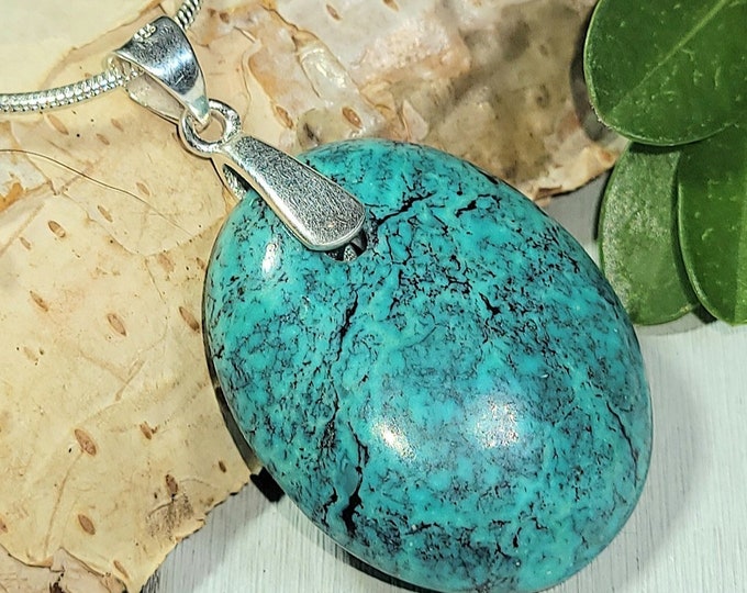 Natural Top Grade Tibet Turquoise Oval Cabochon .925 Sterling Silver Pendant 1 5/8" x 1" EA2(15) Heavy Duty Sterling Silver Bail