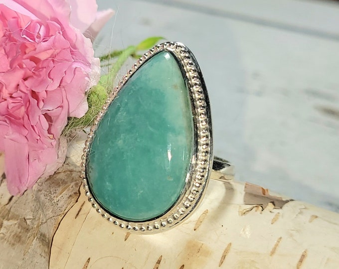 Amazonite Sterling Silver Ring Size 6 1/2 Gift for Her, Handmade Ring, Statement Ring FW40