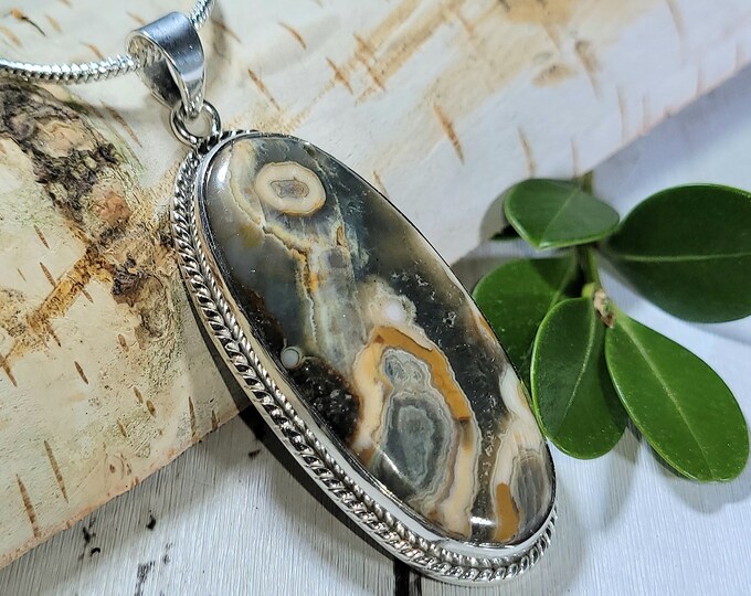 Natural AA Ocean Jasper Handmade .925 Sterling Silver Pendant 2 1/4" x 7/8" 14 Grams EF16