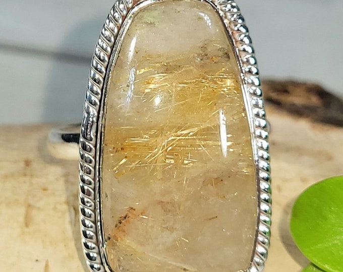 Natural Golden Needle Rutilated Quartz  Handmade .925 Sterling Silver Ring Size 8 Genuine High Quality Rutilated Quartz Gift for Her