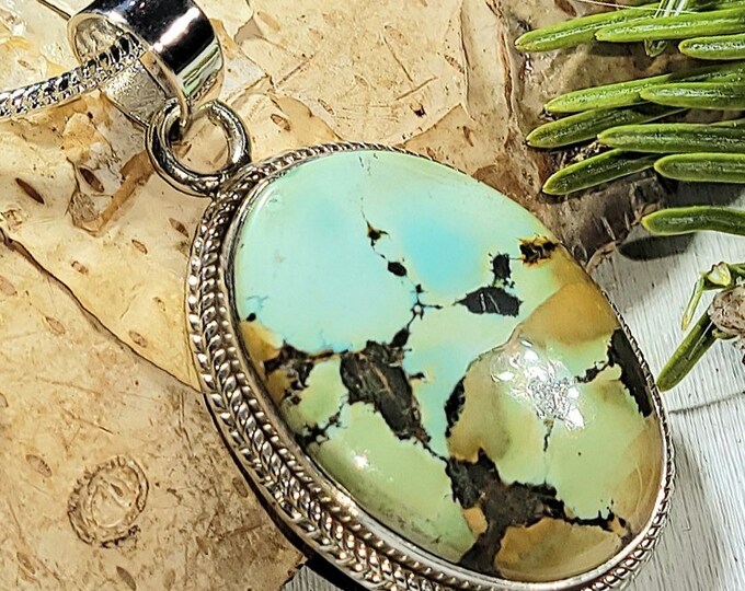 Natural High Grade Tibet Turquoise .925 Sterling Silver Pendant 10 grams 1 11/16" x 7/8" AK38 Greenish Blue