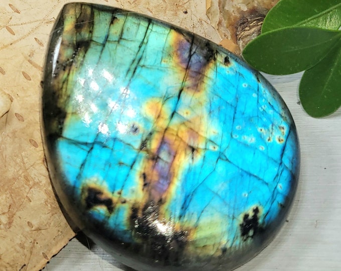 Natural Premium Bright Flash Labradorite Pear Cabochon 90ct 18 Grams 43mm x 23mm Wire Wrapping, Weaving or Pendant, Collector AT01