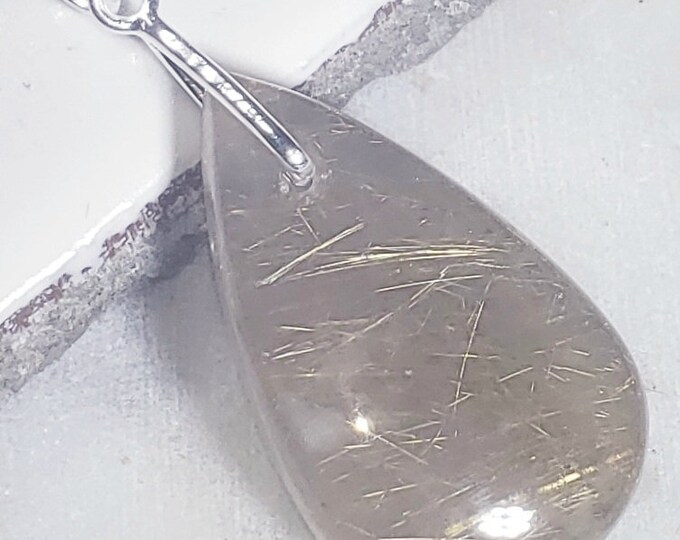 Natural AAA Golden Needle Rutilated Quartz Cabochon .925 Sterling Silver Pendant 1 7/8" x 3/4" EB33 Sterling Silver Heavy Duty Bail