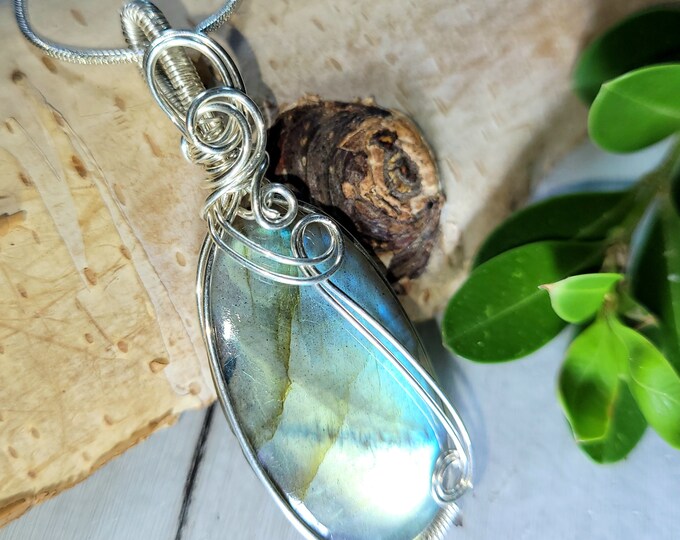 Natural Multi Color Labradorite Hand Wrapped .925 Sterling Silver Pendant 2 1/4" x 13/16" 8 Grams CR04 Handmade Wrapped Sterling Silver