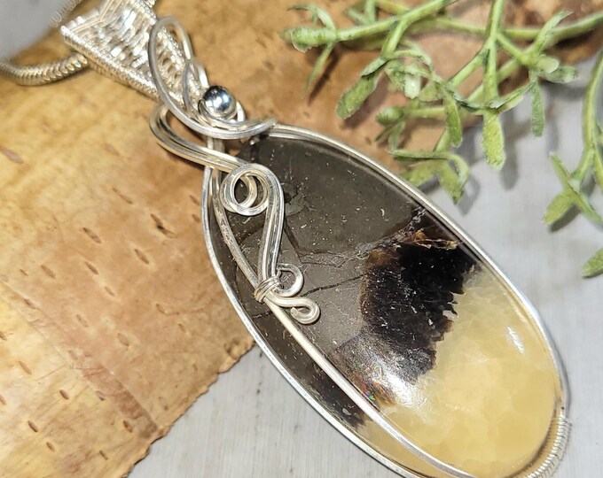 Natural Yellow Septarian Pear wire wrapped .925 Silver Pendant, Sterling Silver Wire Wrapped pendants, Handmade Stone Jewelry HP19