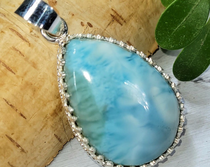 Handmade Pear Larimar Sterling Silver Pendant: Crown Prong Statement Jewelry