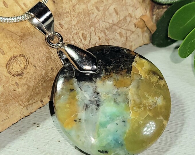 Natural High Grade Multi Color Opalized Wood Cabochon Round .925 Sterling Silver Pendant 1 1/2" x 13/16" CE04 Sterling Silver Bail