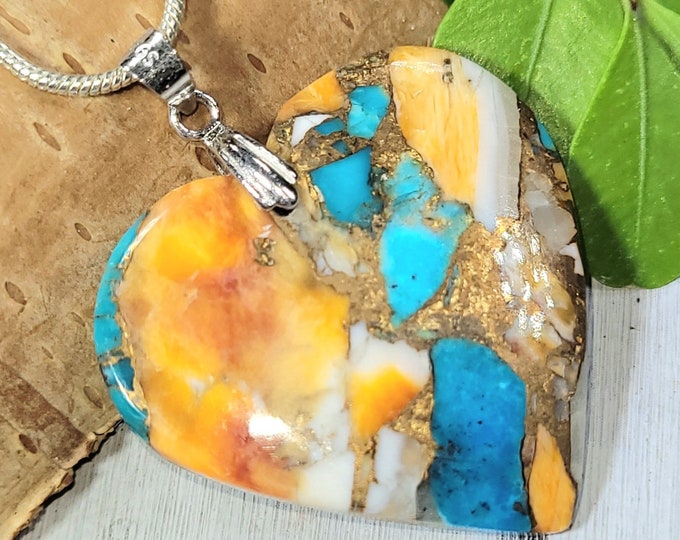 Spiny Copper Arizona Kingman Turquoise Heart Cabochon .925 Sterling Silver Pendant Rhodium Solid Sterling Silver Bail Gift for Her FS56