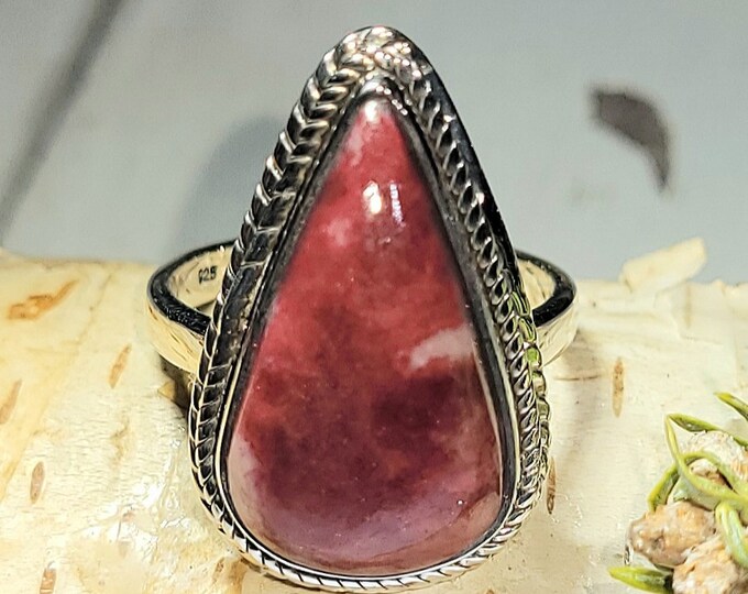 Natural Top Grade Thulite Pear Handmade .925 Sterling Silver Ring Size 6.5 7 Grams 1" x 5/8" AL04