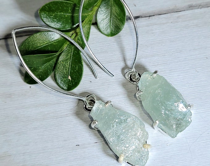 Natural Raw Rough Cut Aquamarine .925 Sterling Silver Designer Earrings Marquise Shape Ear Wire Gift for Her Genuine Aquamarine CK12