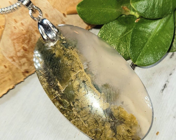 Moss Agate Pendant, Handmade Moss Agate Cabochon Sterling Silver Pendant, Solid Sterling Silver Bail, Gift for Her, Statement Pendant, DF32
