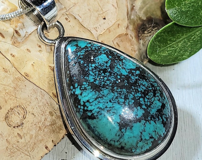 Natural Best Grade Tibet Turquoise Handmade .925 Sterling Silver Pendant 8 grams 1 3/4" x 7/8" AM19 Bluish Green
