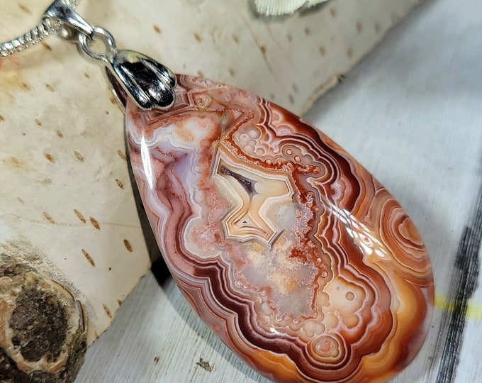 Natural AAA Crazy Lace Agate Cabochon Pendant with .925 Sterling Silver Pendant 2" x 7/8" DA29 Rhodium Plated Solid Sterling Silver Bail