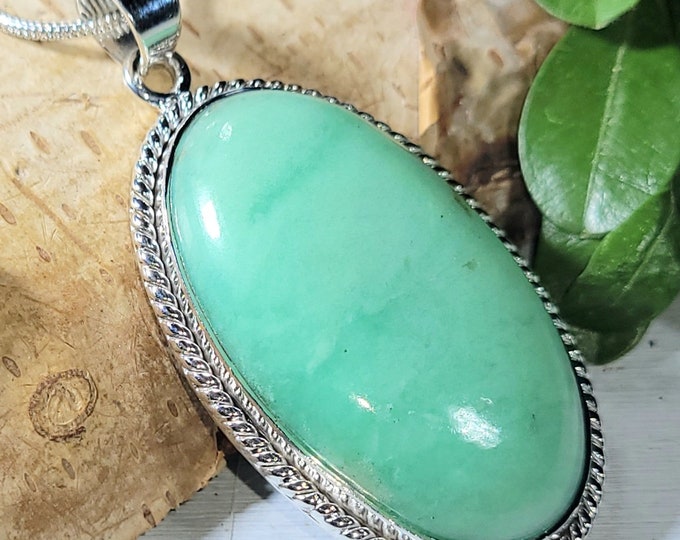 Natural Genuine High Grade Australian Chrysoprase Oval Handmade .925 Sterling Silver Pendant Gift for Her, Boho Pendant