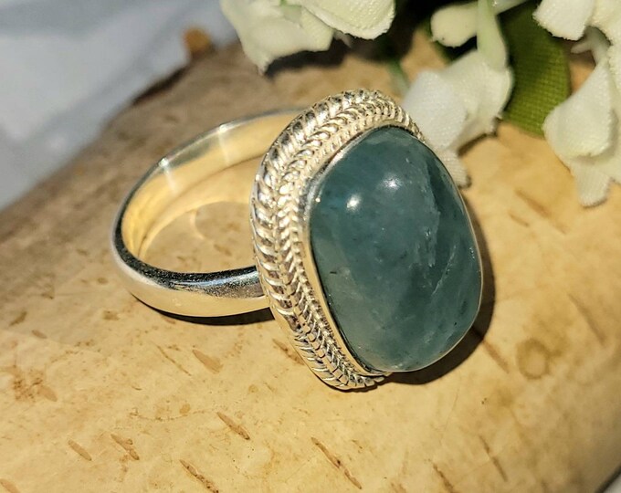 Aquamarine Ring, Aquamarine Sterling Silver Ring, Boho Ring, Statement Ring; Handmade Ring, Gift for Her Size 7 CY
