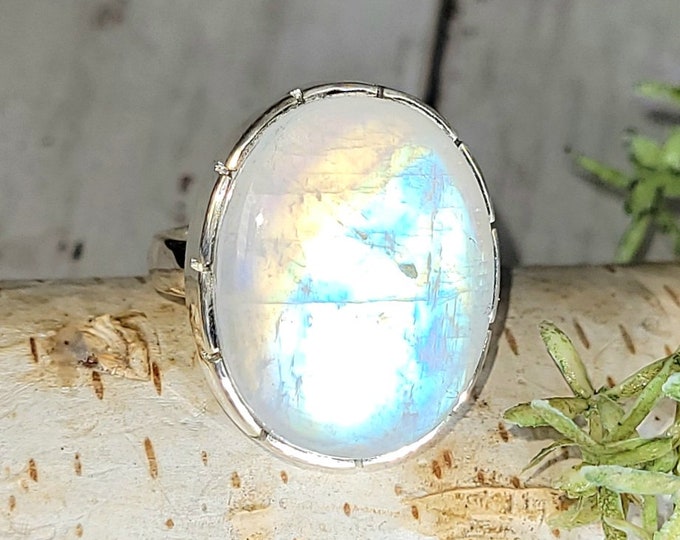 Moonstone Ring, Rainbow Moonstone Sterling Silver Ring, Premium Grade Moonstone Ring, Size 6.25 Statement Ring, Handmade Ring, GS