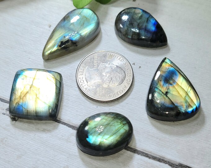 Natural Multi-Flash Labradorite Mixed Cabochons 150ct 5 Stone Lot Wire Wrapping, Weaving, Pendant or Ring CL11