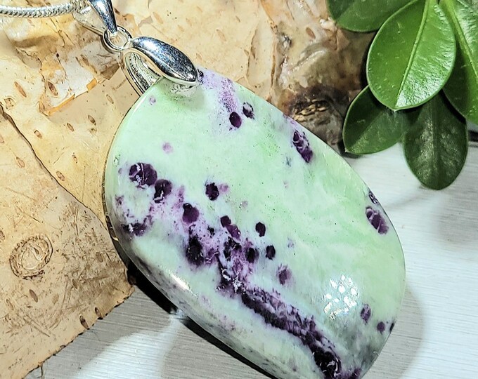 Natural Top Grade Kammererite Cabochon .925 Sterling Silver Pendant 2" x 1" AE23 Solid Sterling Silver Bail