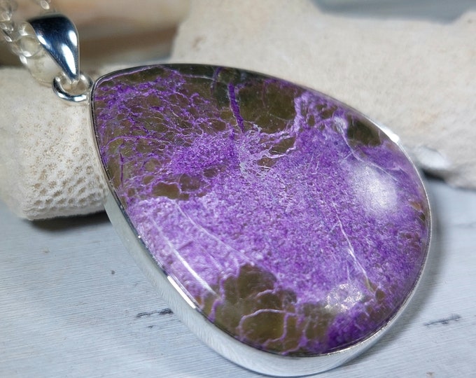 Natural AAA Pear Stichtite Pendant, .925 Sterling Silver Pendant. Purple Pendant, Boho Pendant, Quality Natural Stone, GP07