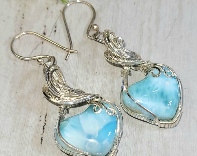 Larimar Earrings, Larimar Wire Wrapped Sterling Silver Earrings, Heart Larimar Sterling Silver Earrings, Statement Earrings, HC22