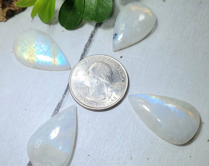 Natural Premium Multi Flash Moonstone Cabochons 82.50ct 4 Stone Lot Wire Wrapping, Weaving, Rings or Pendant Mixed Sizes & Pear Shapes FA16