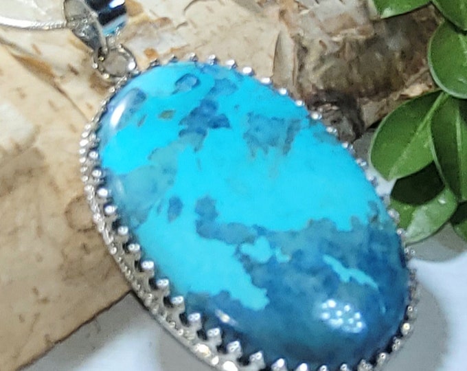Natural High Grade Shattuckite .925 Sterling Silver Crown Setting Pendant weighs 18 grams measures 2 3/16" x 1 1/4 AF22