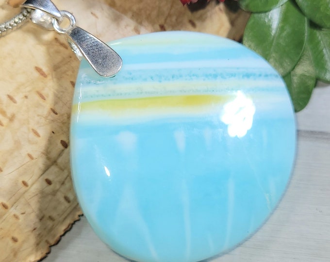 Natural Premium Rare Peru Blue Opal Cabochon Handmade .925 Sterling Silver Pendant 2" x 1 7/16" 12 Grams CT31 Sterling Silver Bail