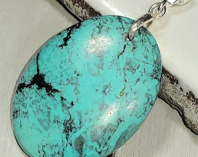 Natural High Quality Tibet Turquoise Oval Cabochon .925 Sterling Silver Pendant 1 1/2" x 7/8" EE21 Sterling Silver Bail