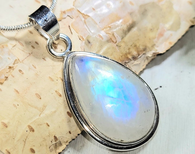 Natural AAA Blue Flash Rainbow Moonstone .925 Sterling Silver Pendant 1 7/16" x 11/16" 6 Grams AB48