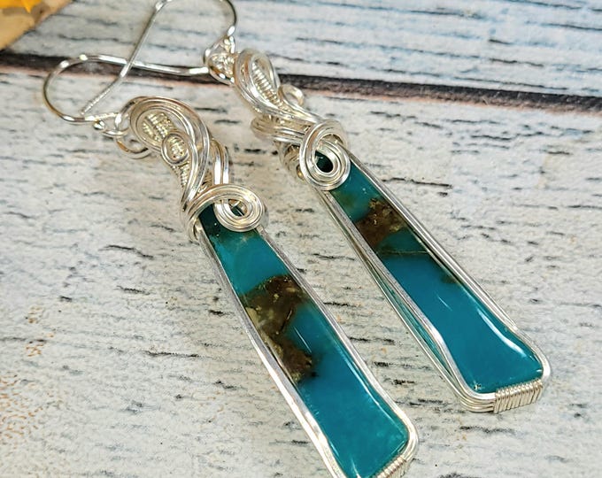 Blue Opalized Petrified Wood Earrings: Sterling Silver Wire Wrapped, JC40