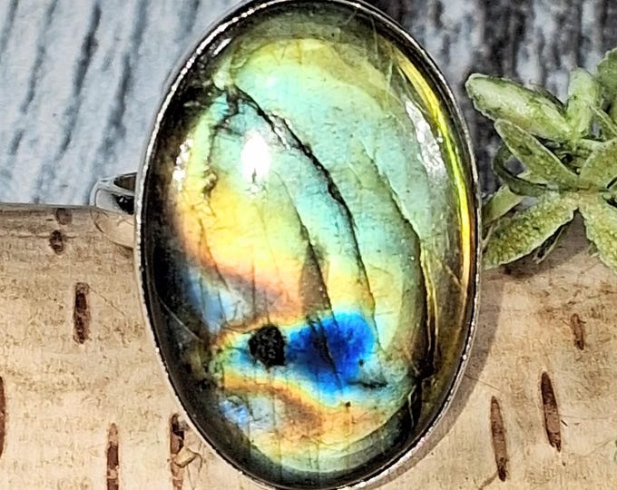 Labradorite Sterling Silver Ring - Oval Labradorite Ring, Size 8.75; KB13