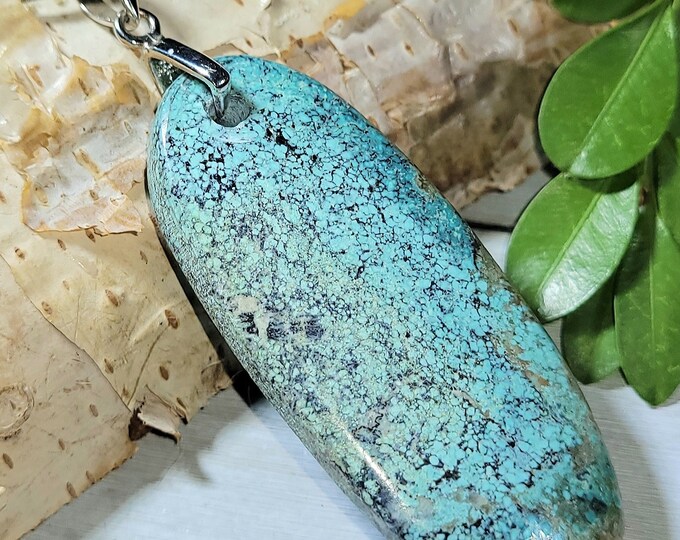 Natural Top Quality Tibet Turquoise Oval Cabochon .925 Sterling Silver Pendant 16 Grams 2 5/8" x 15/16" Z28 Sterling Silver Heavy Duty Bail