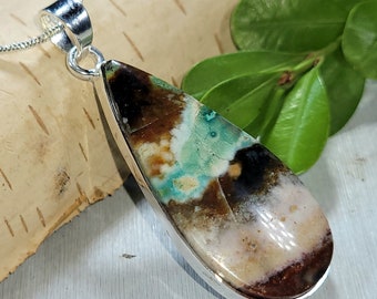 Natural Premium Grade Blue Opalized Wood Handmade .925 Sterling Silver Pendant 2" x 3/4" 8 grams CM21