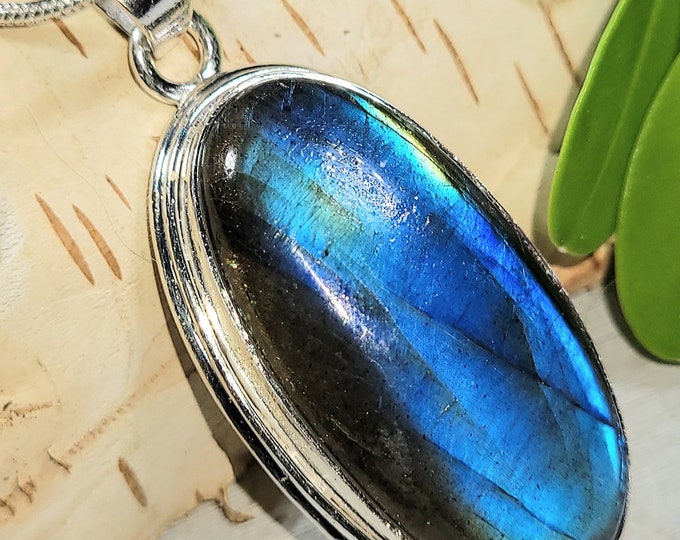 Natural AAA Grade Blue Fire Labradorite .925 Sterling Silver Pendant 1 3/4" x 3/4" 10 Grams EJ13