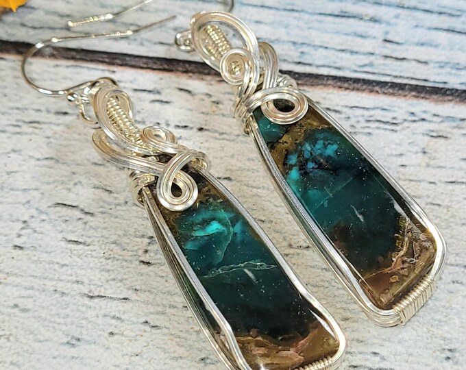 Blue Opal Petrified Wood Earrings: Sterling Silver Wire Wrapped HC52