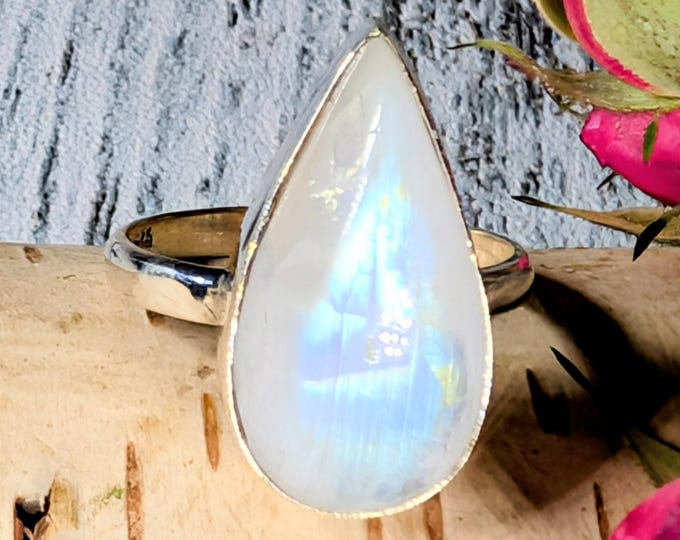 Rainbow Moonstone Sterling Silver Ring; Full Flash Moonstone Ring Size 8; KA27; Handmade Moonstone Ring