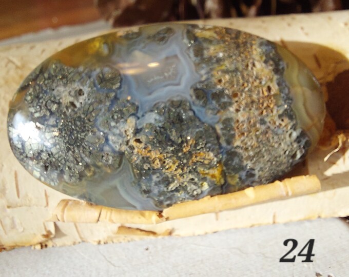 Scenic Moss Agate Cabochon: Green & Brown Oval Stone (48mm x 28mm)