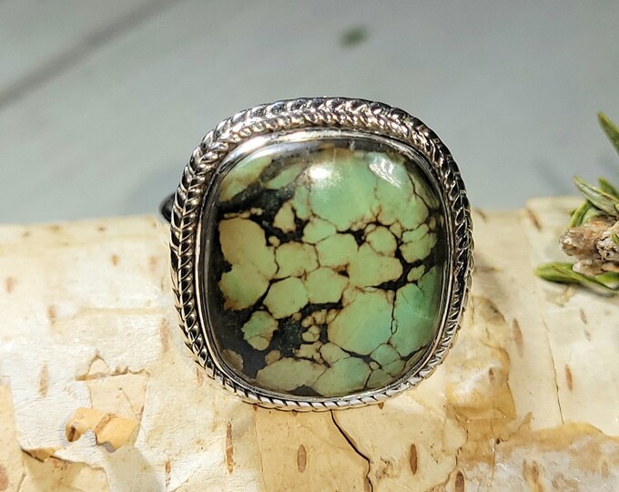 Natural High Grade Cushion Tibet Turquoise Handmade .925 Sterling Silver Ring Size 7.5 6 Grams Face 3/4" x 3/4" AL33