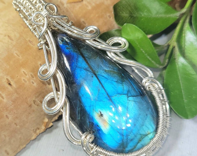 Blue Labradorite Wire Wrapped Pendant, Handmade Labradorite Pendant, Sterling Silver Blue Labradorite Pendant,  .925 Wire Wrapped Pendant DU