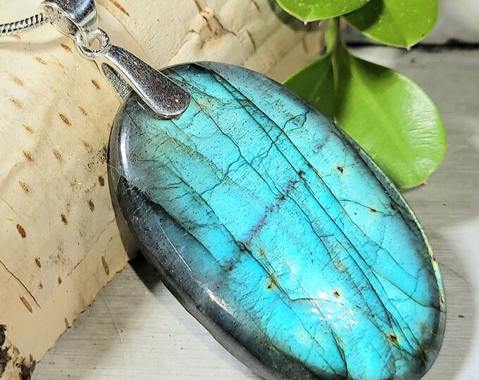 Natural Blue Flash Labradorite Oval Cabochon .925 Sterling Silver Pendant  2" x 1" EM25 Heavy Duty Bail 4mm Chain