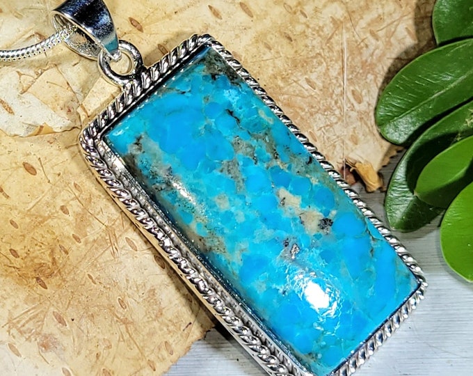 Natural AAA Grade Arizona Kingman Turquoise Rectangle  Handmade .925 Sterling Silver Pendant measures 1 7/8" x 13/16" weighs 11 grams CF14