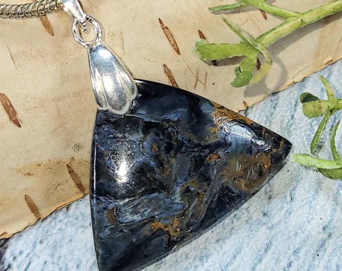 Blue Pietersite Sterling Silver Pendant: Handmade Triangle Gemstone