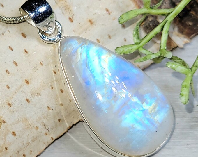 Natural Premium Grade Multi Flash Rainbow Moonstone Pear Handmade .925 Sterling Silver Pendant 1 9/16" x 5/8" 8.5 Grams GF09